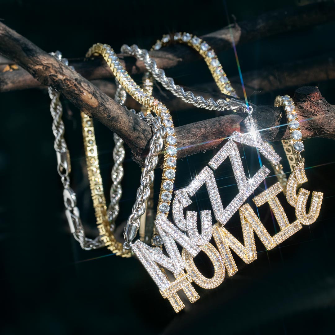 Iced Out Custom Baguette Letters Pendant With 5mm 22 Tennis Chain Gold - Image 5