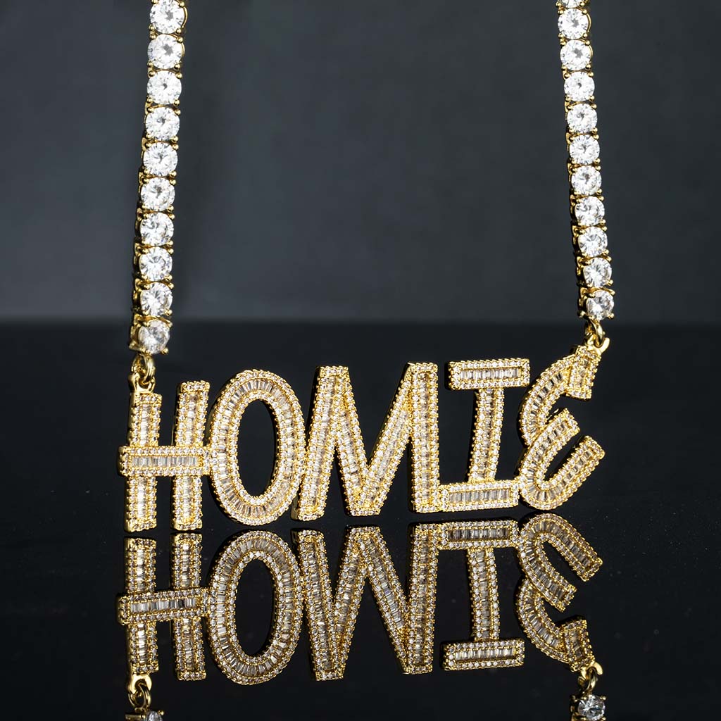 Iced Out Custom Baguette Letters Pendant With 5mm 22 Tennis Chain Gold