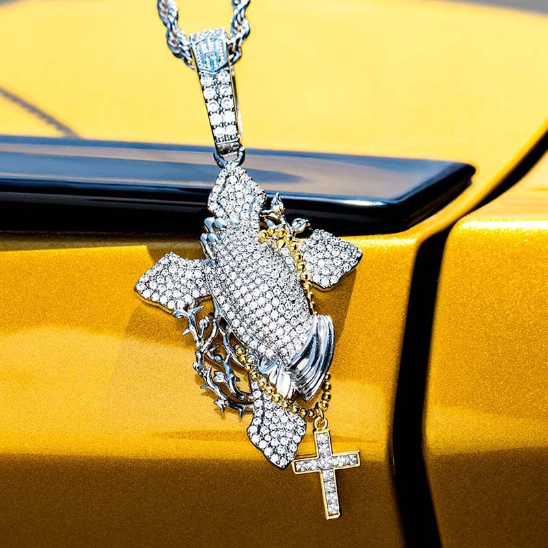 Iced Out Praying Hands Holding Cross Pendant Gold With Street Luxury Shine - Image 3