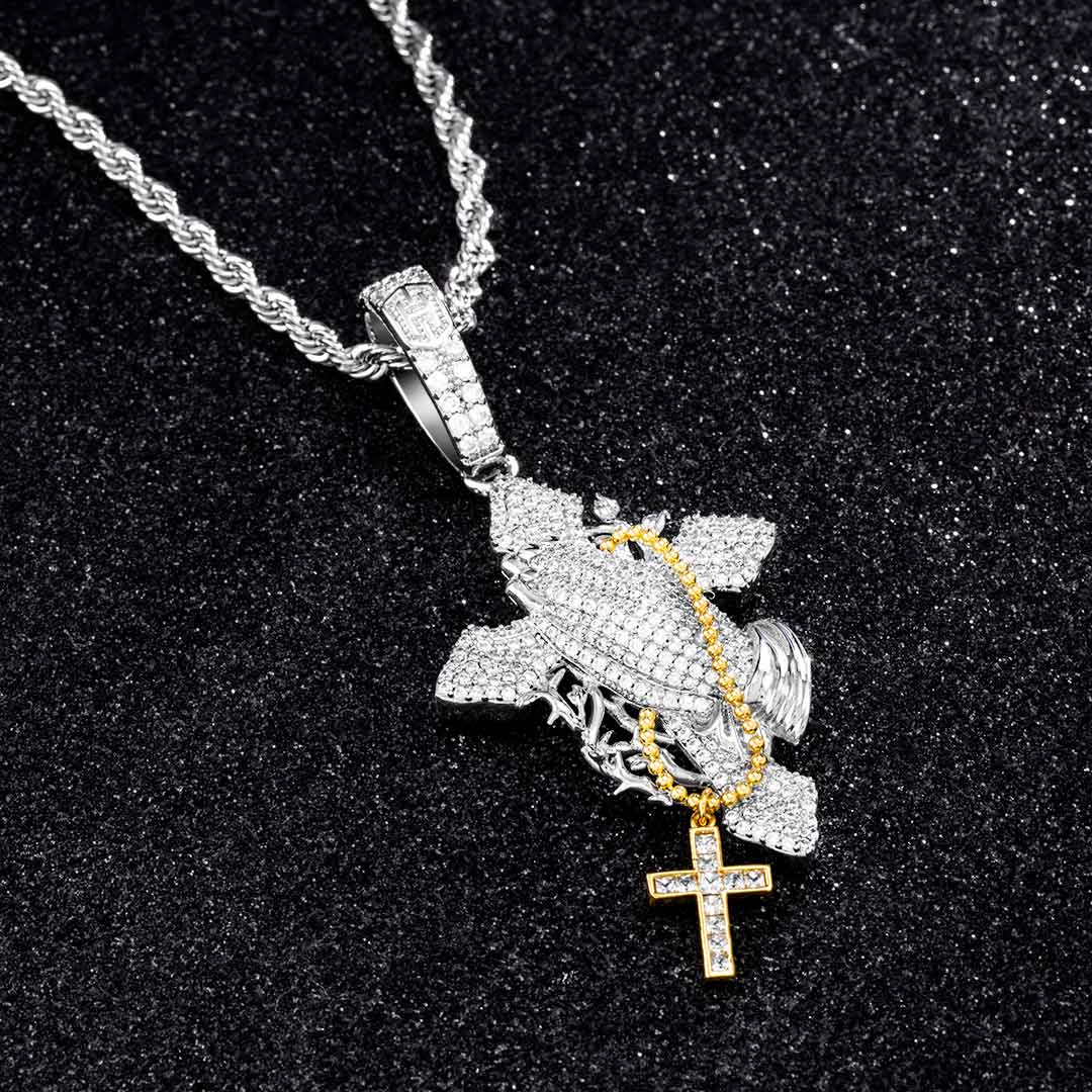 Iced Out Praying Hands Holding Cross Pendant Gold With Street Luxury Shine - Image 4
