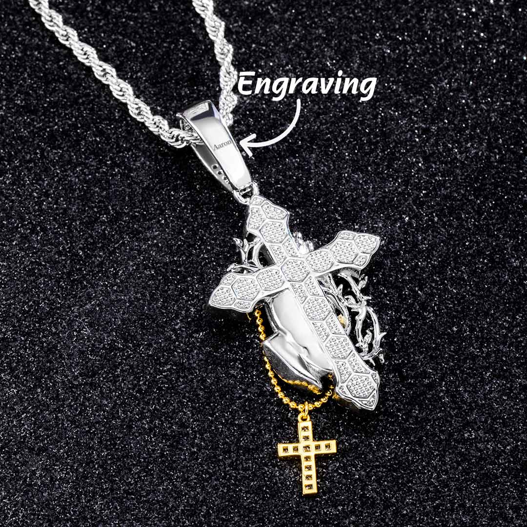 Iced Out Praying Hands Holding Cross Pendant Gold With Street Luxury Shine - Image 5