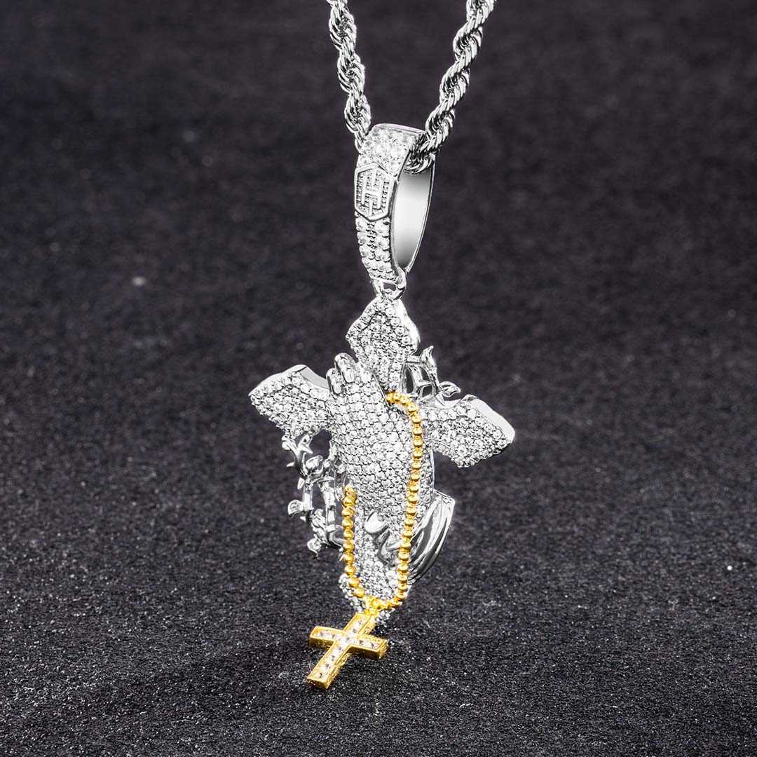 Iced Out Praying Hands Holding Cross Pendant Gold With Street Luxury Shine - Image 6