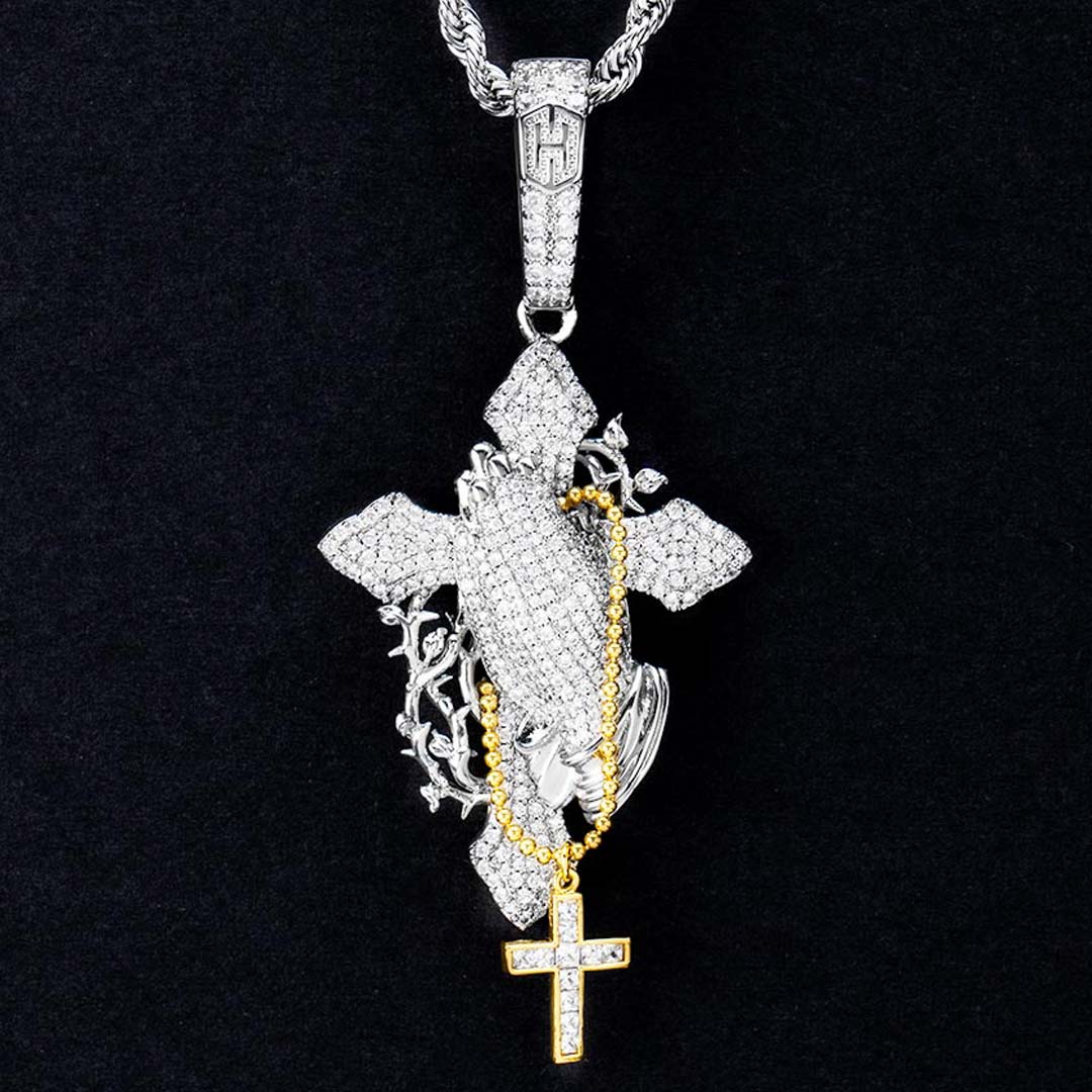 Iced Out Praying Hands Holding Cross Pendant Gold With Street Luxury Shine