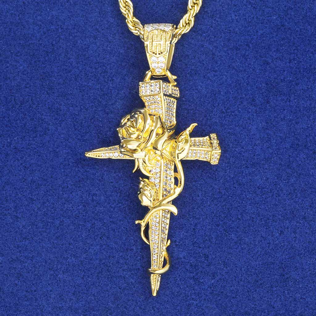 Iced Out Rose Cross Pendant In Gold Gold Shine With Street Luxury