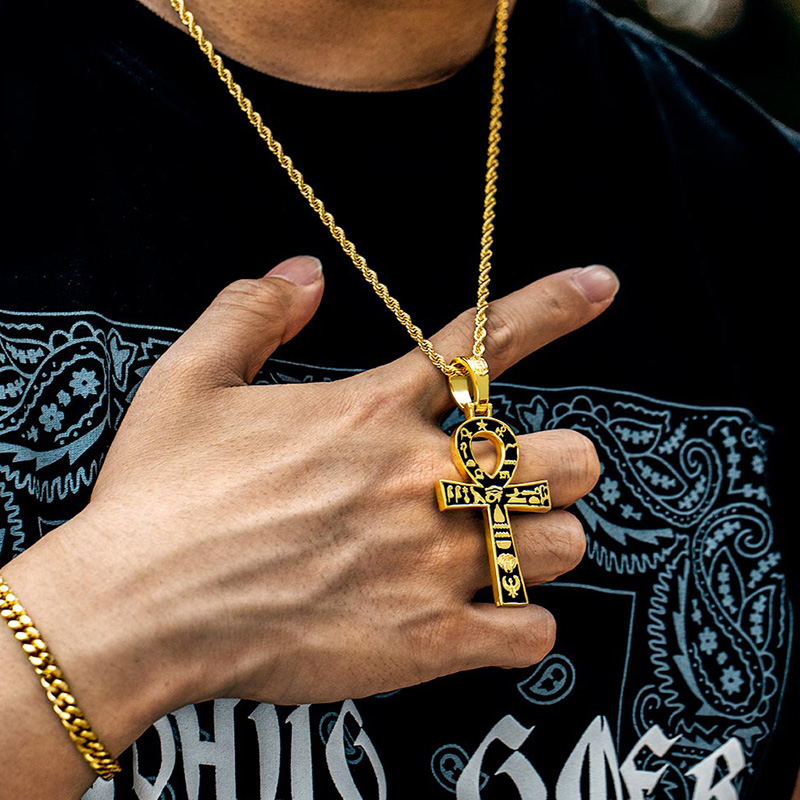 Egyptian Ankh Cross With Hieroglyphs Pendant In Gold With Gold Shine - Image 3