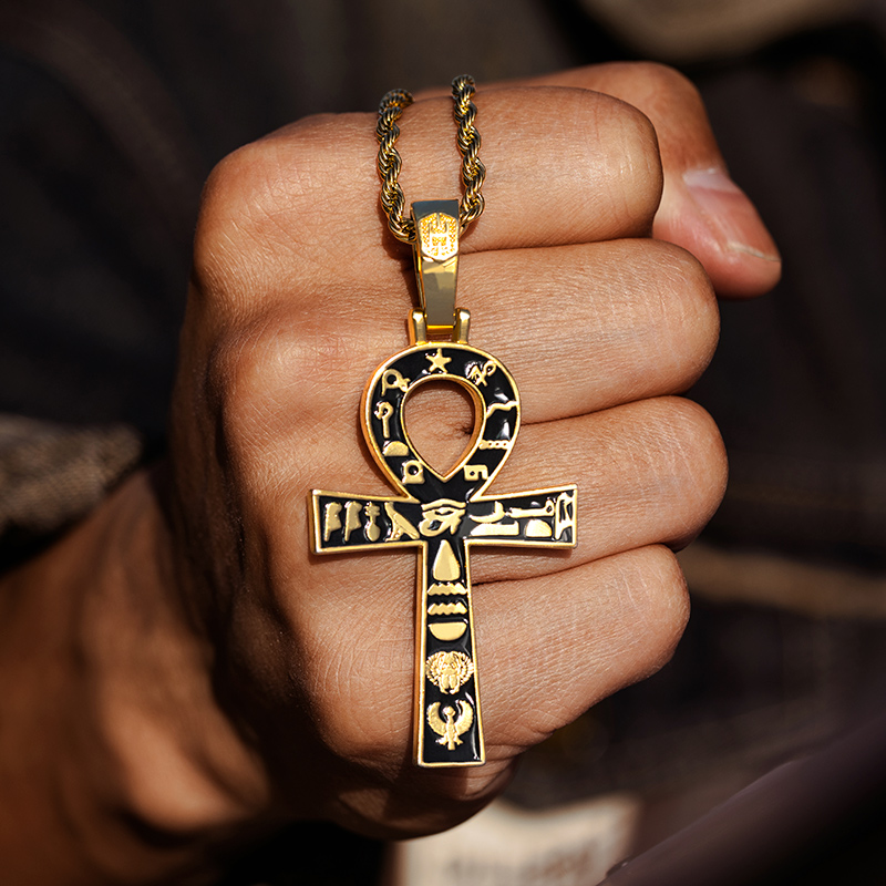 Egyptian Ankh Cross With Hieroglyphs Pendant In Gold With Gold Shine - Image 4