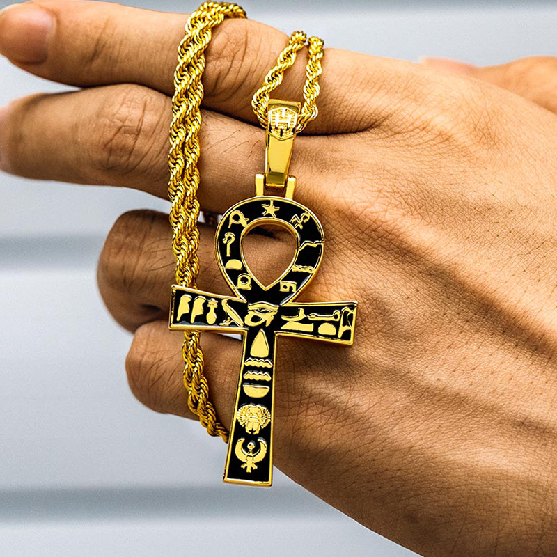 Egyptian Ankh Cross With Hieroglyphs Pendant In Gold With Gold Shine - Image 5