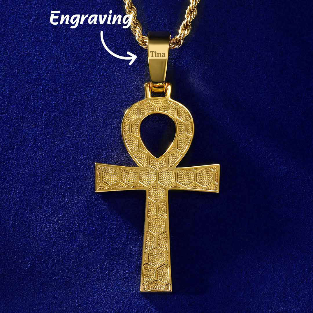 Egyptian Ankh Cross With Hieroglyphs Pendant In Gold With Gold Shine - Image 6