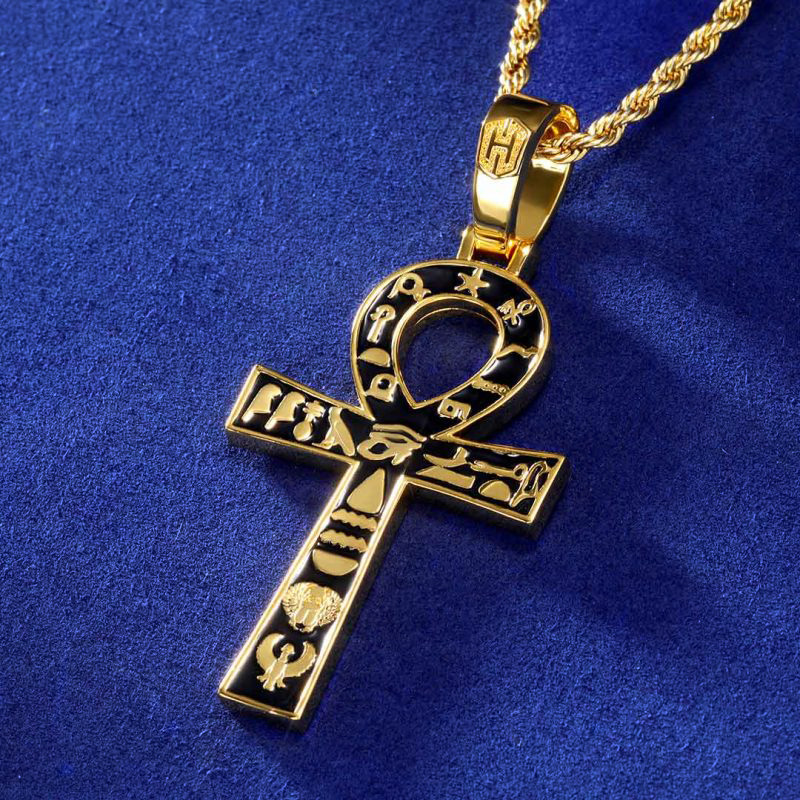 Egyptian Ankh Cross With Hieroglyphs Pendant In Gold With Gold Shine