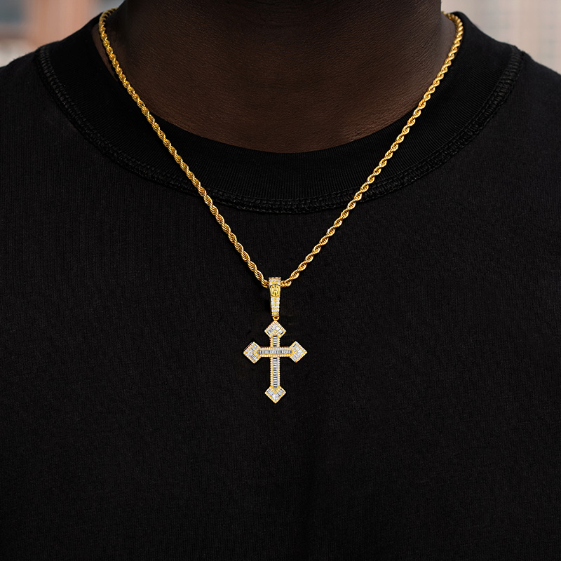 Baguette Stones Christian Cross Pendant In Gold With Street Luxury Shine - Image 3