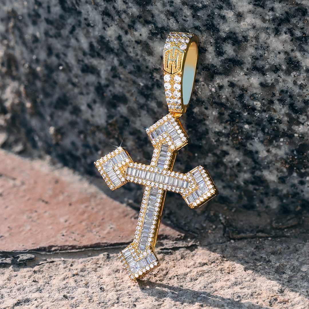Baguette Stones Christian Cross Pendant In Gold With Street Luxury Shine - Image 4
