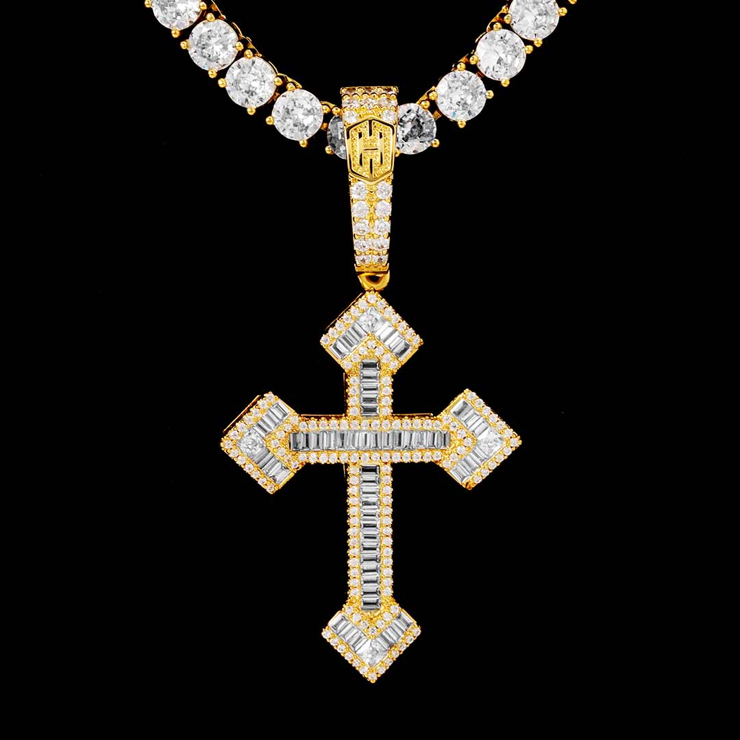 Baguette Stones Christian Cross Pendant In Gold With Street Luxury Shine - Image 5