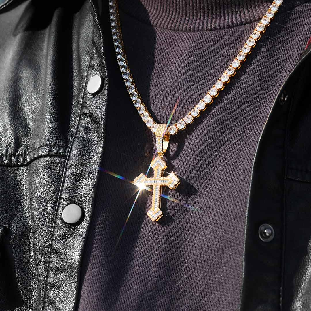 Baguette Stones Christian Cross Pendant In Gold With Street Luxury Shine - Image 6