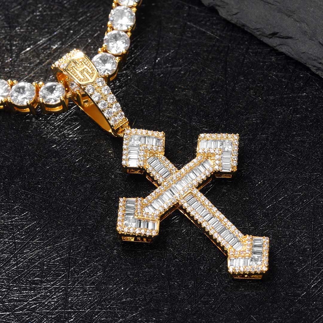 Baguette Stones Christian Cross Pendant In Gold With Street Luxury Shine
