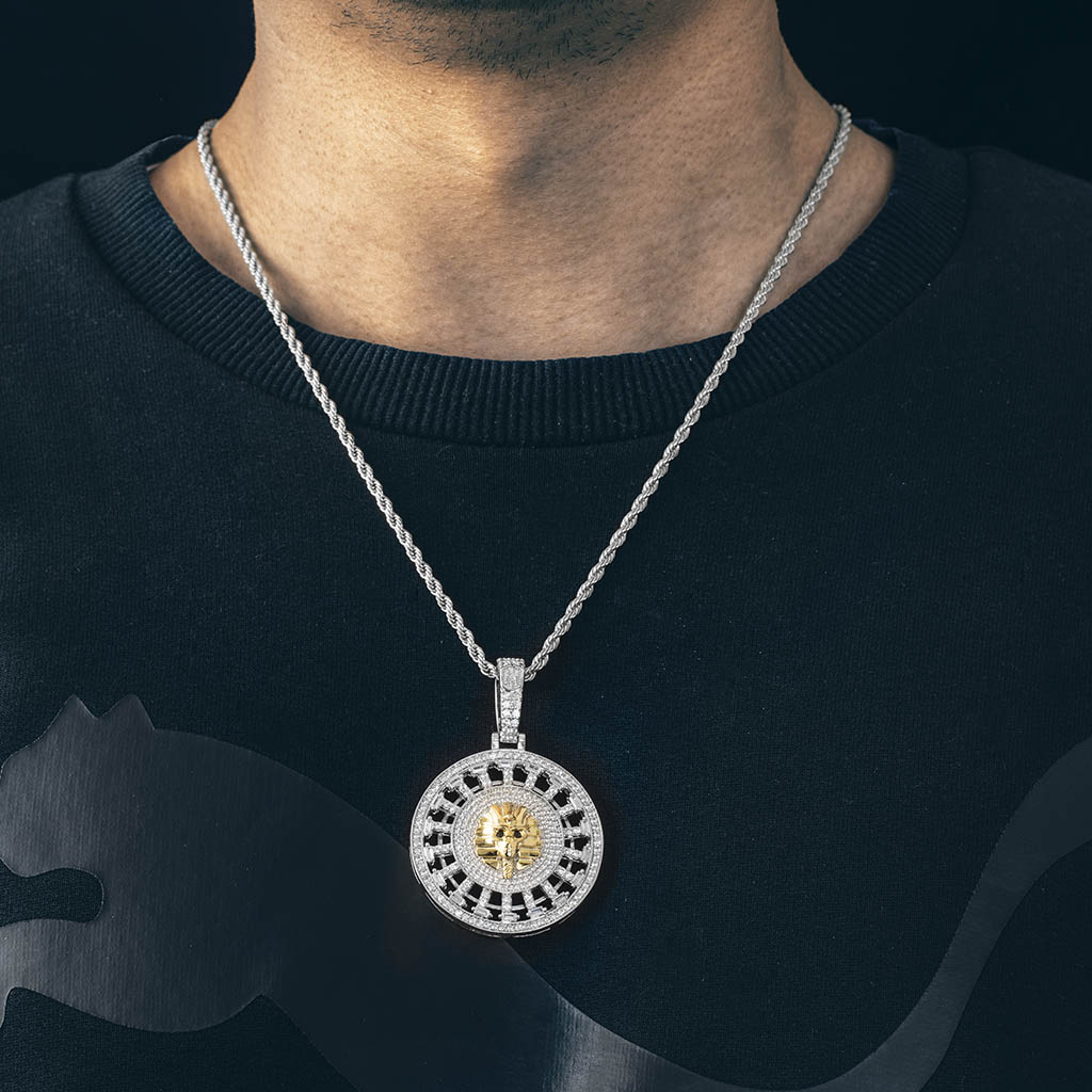 Iced Out Skeleton Pharaoh Round Pendant In White Gold With Gold Shine - Image 3