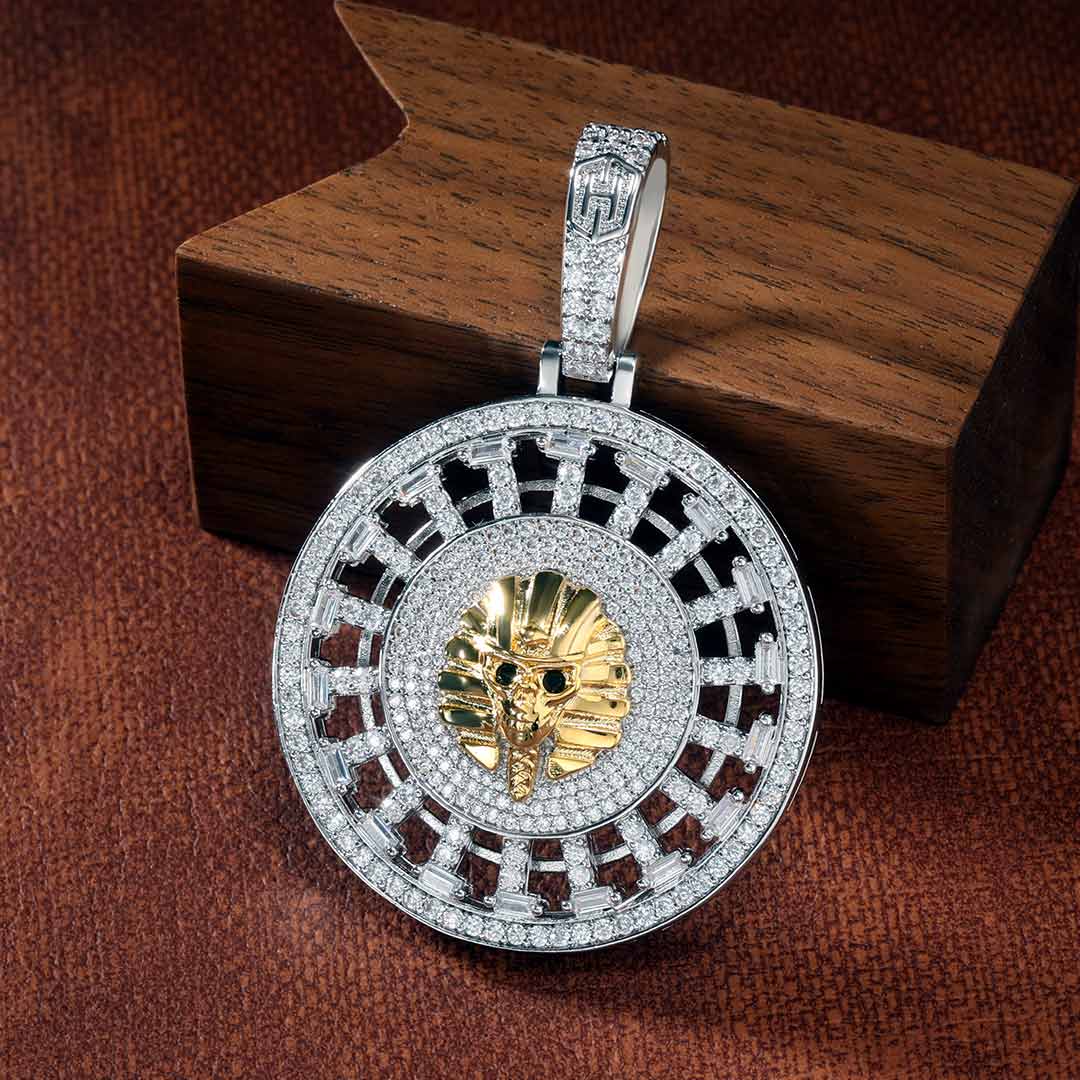 Iced Out Skeleton Pharaoh Round Pendant In White Gold With Gold Shine - Image 4