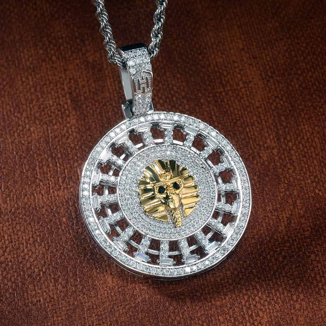 Iced Out Skeleton Pharaoh Round Pendant In White Gold With Gold Shine - Image 6