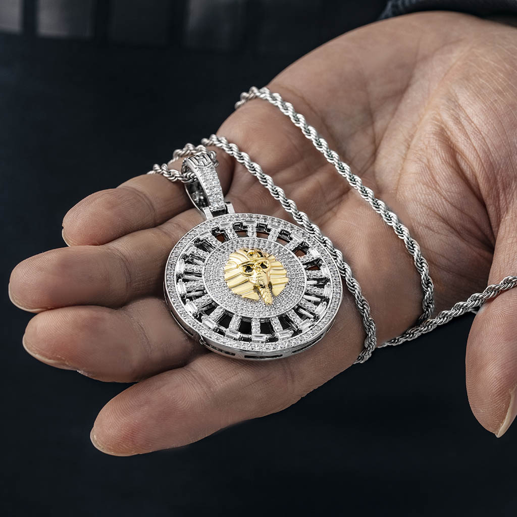 Iced Out Skeleton Pharaoh Round Pendant In White Gold With Gold Shine