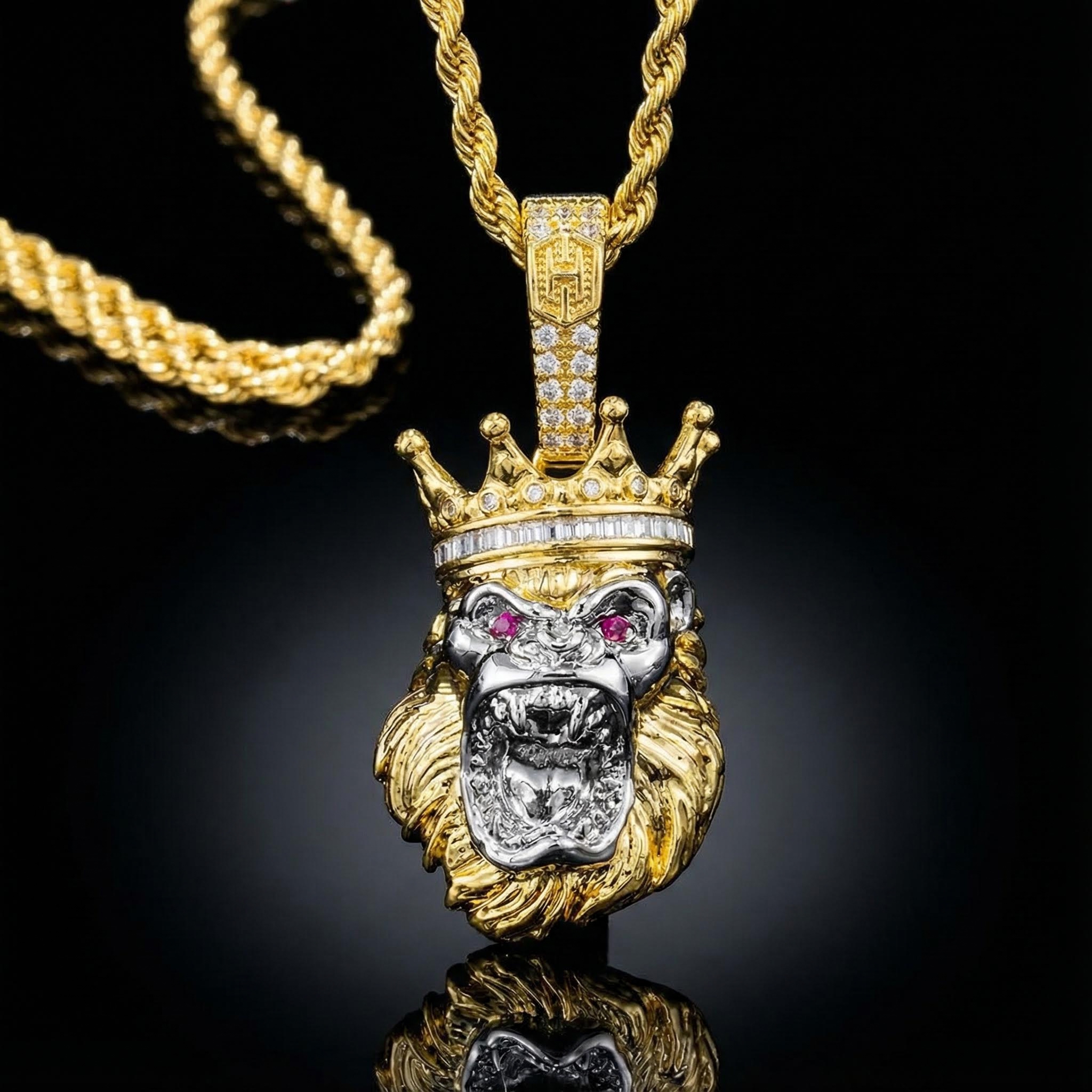 Iced Out Roaring King Crown Gorilla Pendant Gold With Street Luxury Shine