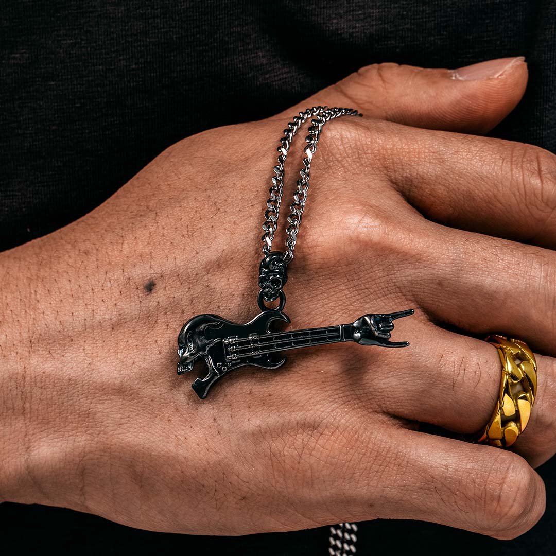 Rock Gestures Skeleton Guitar Pendant In Black Gold With Gold Shine - Image 5