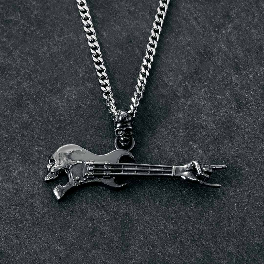 Rock Gestures Skeleton Guitar Pendant In Black Gold With Gold Shine