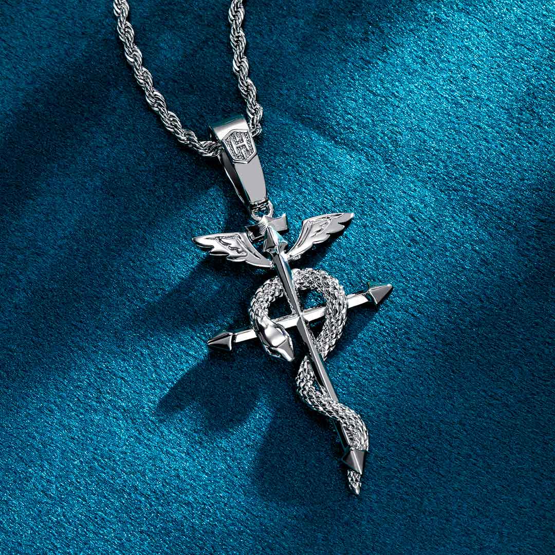 Detached Wings Cross With Snake Greek Caduceus Pendant Gold