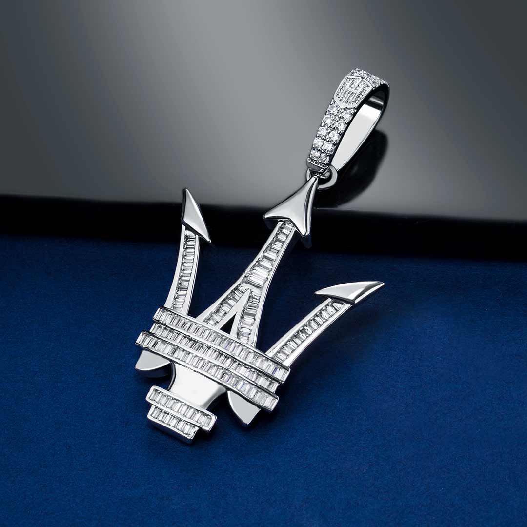 Baguette Stone Trident Pendant In White Gold With Street Luxury Shine - Image 4