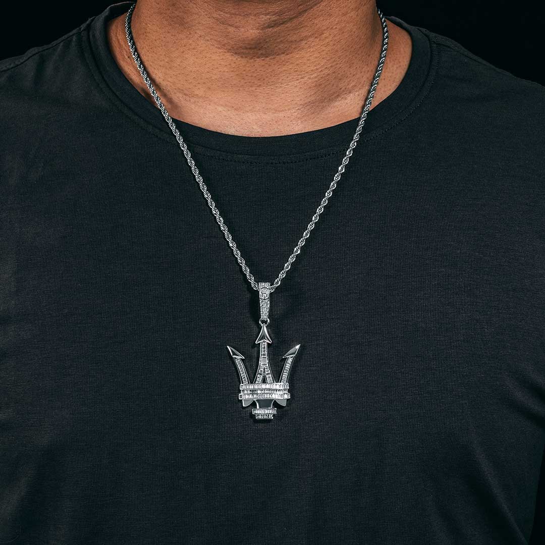 Baguette Stone Trident Pendant In White Gold With Street Luxury Shine - Image 5