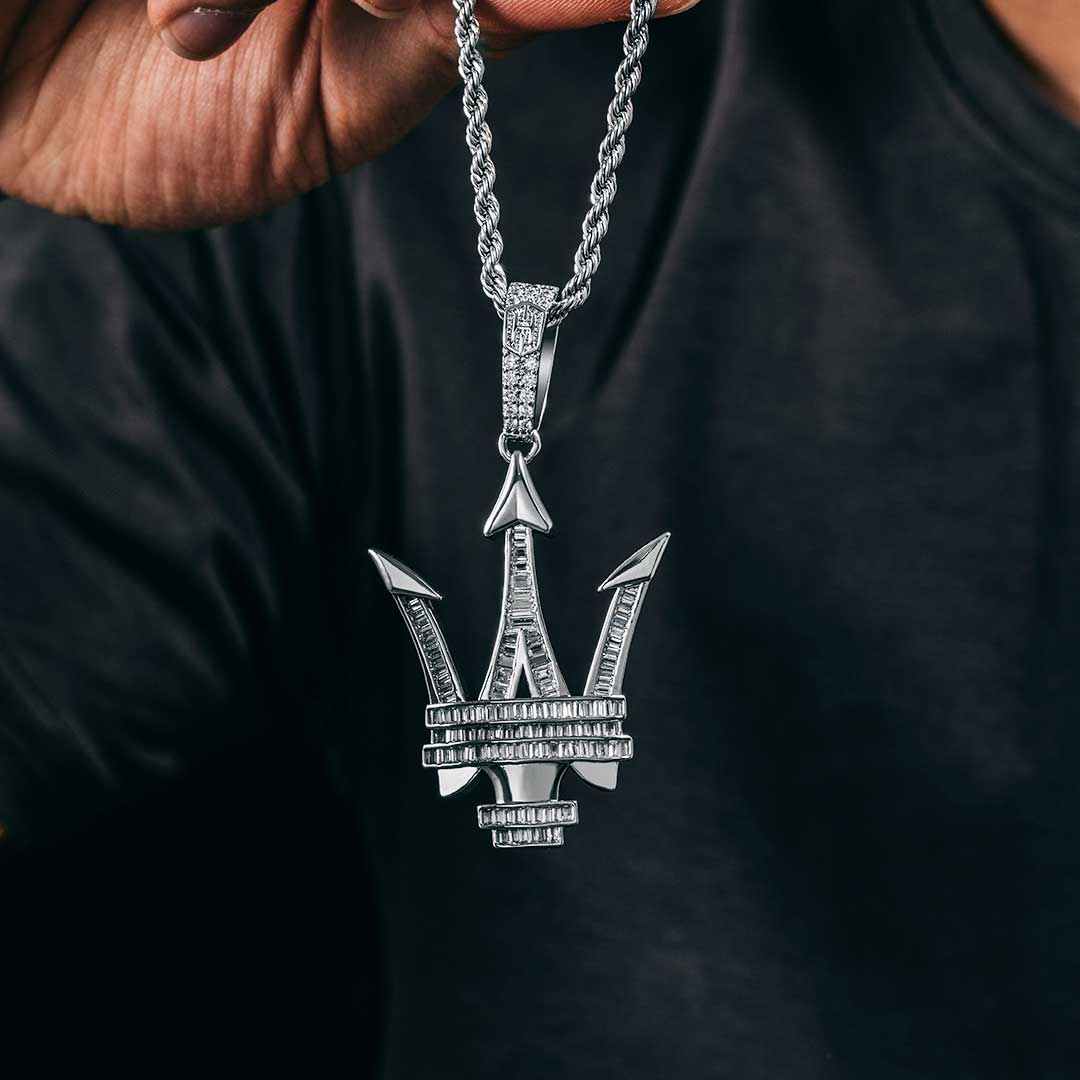 Baguette Stone Trident Pendant In White Gold With Street Luxury Shine
