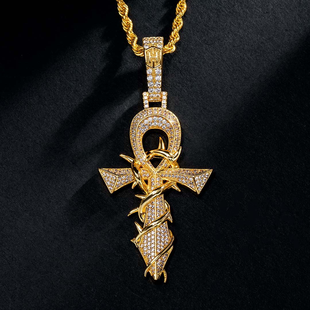 Iced Out Thorns Cross Pendant In Gold Gold Shine With Street Luxury