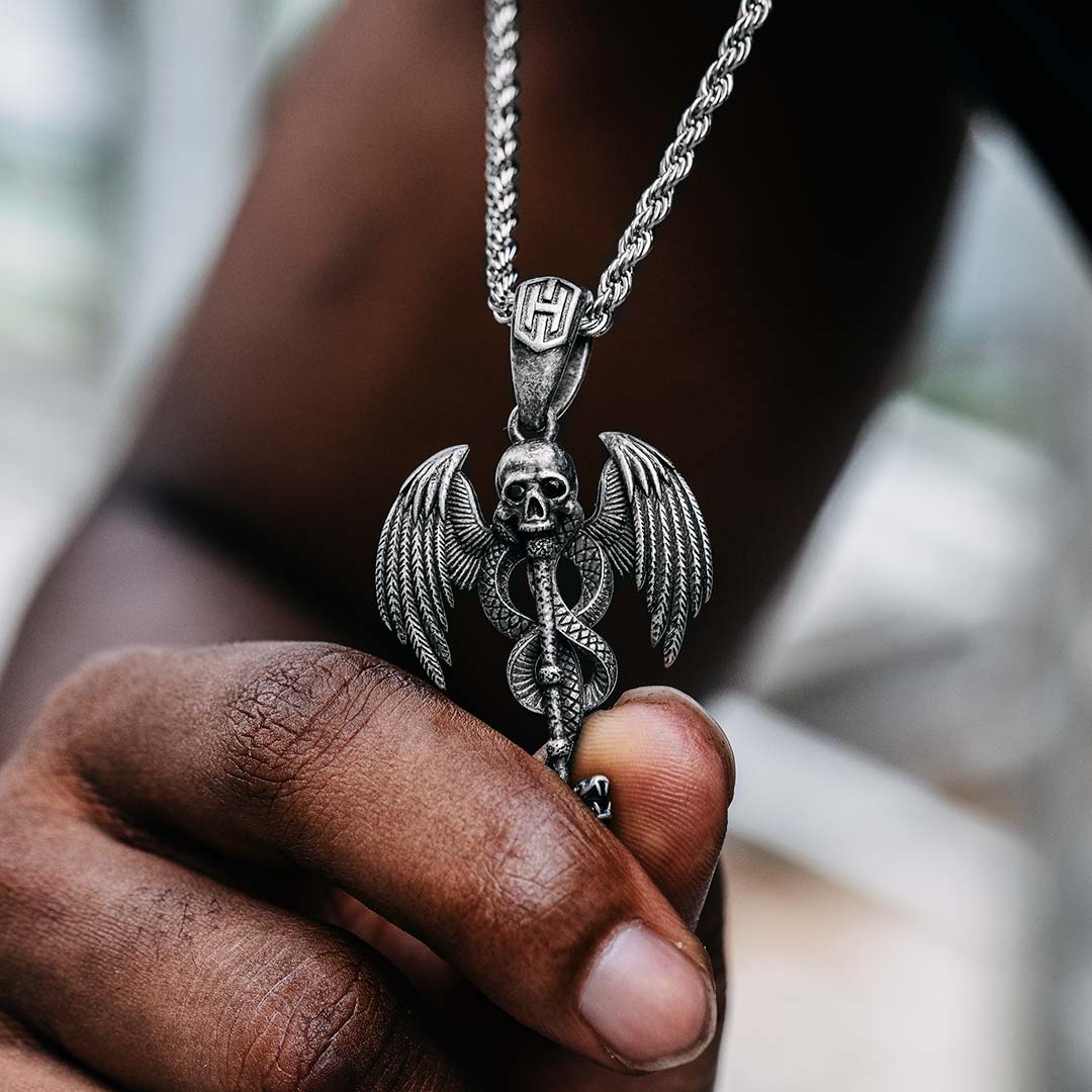 Stainless Steel Skull Snake Wings Pendant Silver With Street Luxury Shine - Image 3
