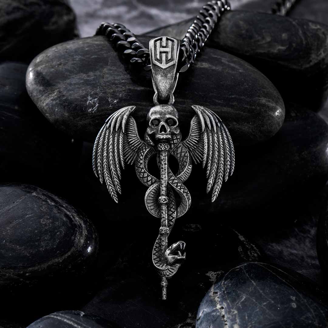 Stainless Steel Skull Snake Wings Pendant Silver With Street Luxury Shine - Image 4