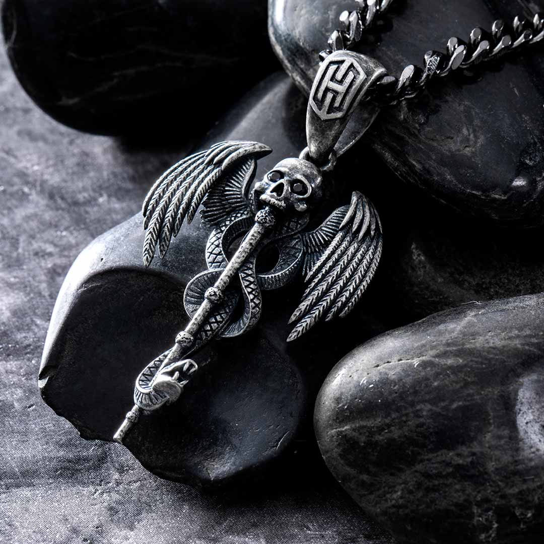 Stainless Steel Skull Snake Wings Pendant Silver With Street Luxury Shine