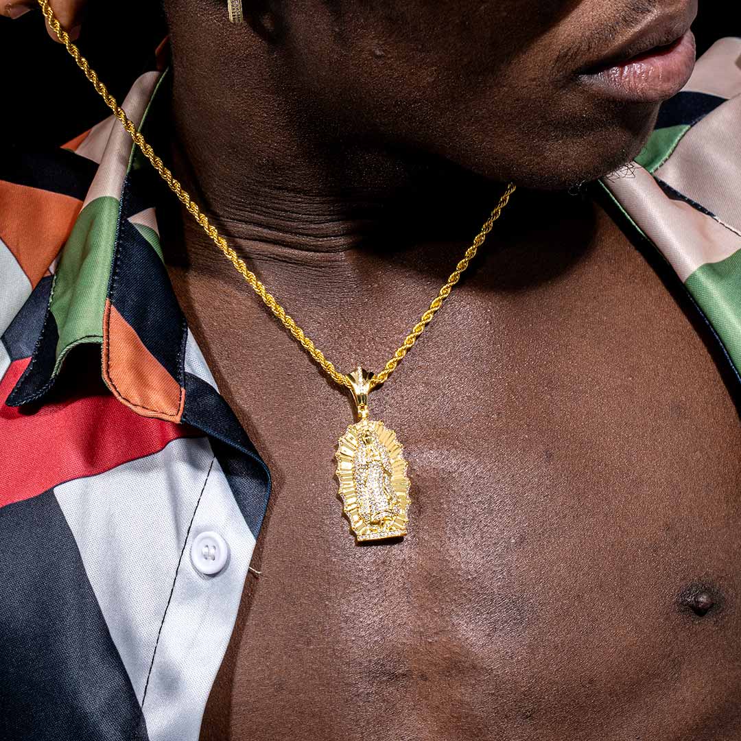 Iced Out Virgin Mary Pendant In Gold Gold Shine With Street Luxury