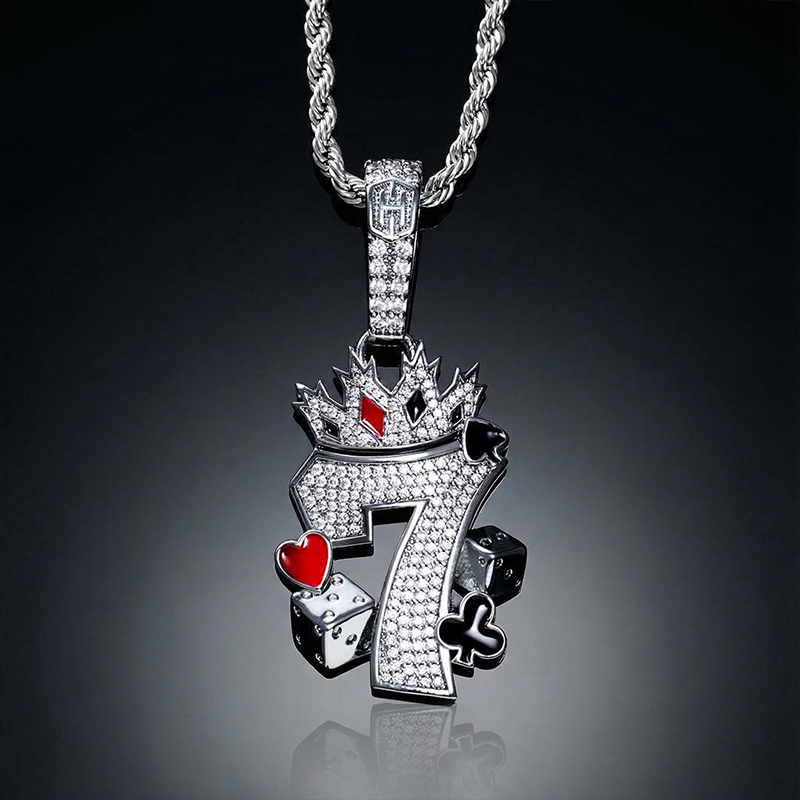 Crown 7 With Playing Card Suit And Dices Pendant With Street Luxury Shine