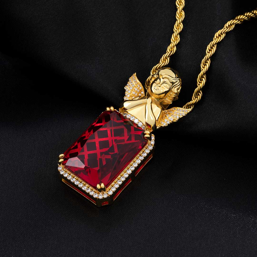 Iced Out Praying Angel Ruby Cube Pendant Gold With Street Luxury Shine - Image 3