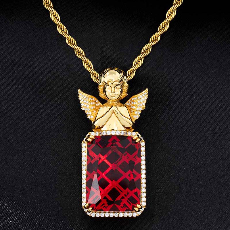 Iced Out Praying Angel Ruby Cube Pendant Gold With Street Luxury Shine