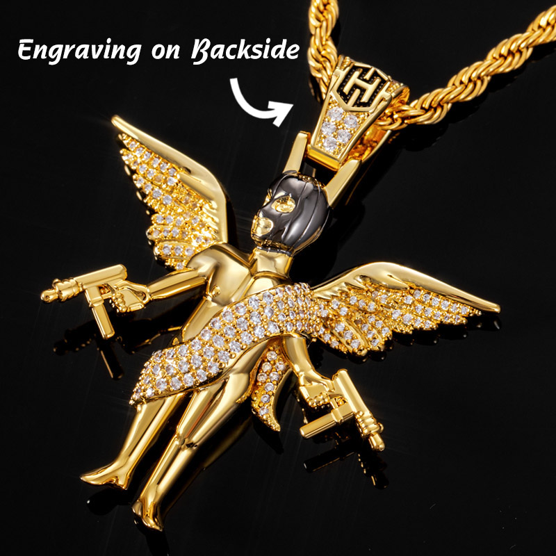 Iced Out Mask Angel With Shooting Machinery Pendant Gold - Image 3