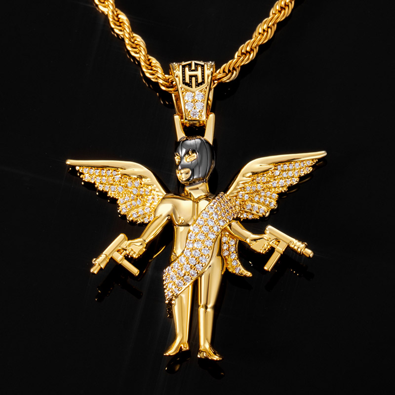 Iced Out Mask Angel With Shooting Machinery Pendant Gold - Image 4
