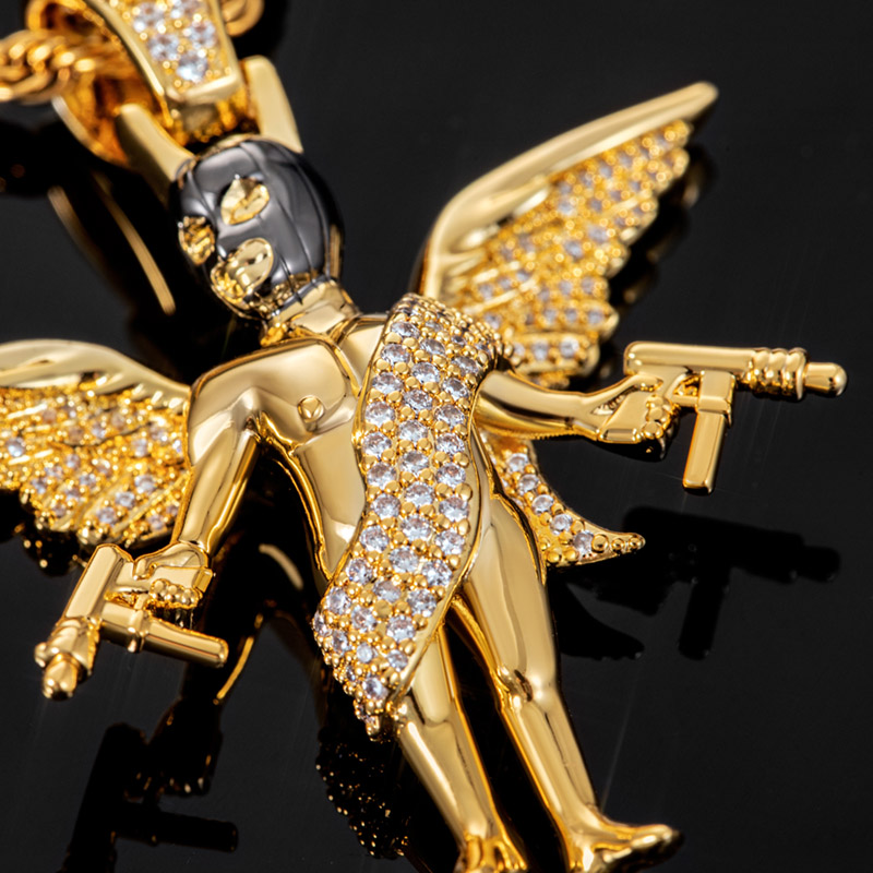 Iced Out Mask Angel With Shooting Machinery Pendant Gold - Image 5