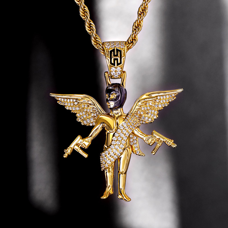 Iced Out Mask Angel With Shooting Machinery Pendant Gold