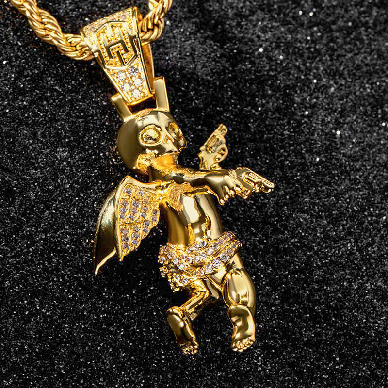 Iced Out Skull Angel With Shooting Machinery Pendant Gold - Image 3