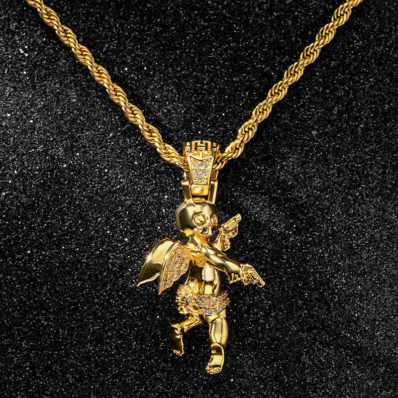 Iced Out Skull Angel With Shooting Machinery Pendant Gold - Image 4
