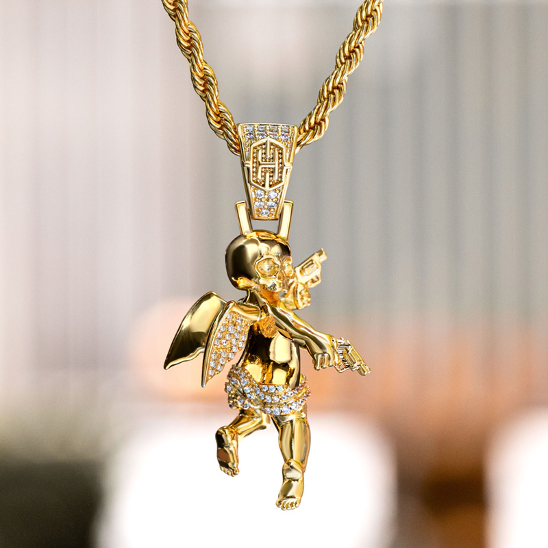 Iced Out Skull Angel With Shooting Machinery Pendant Gold