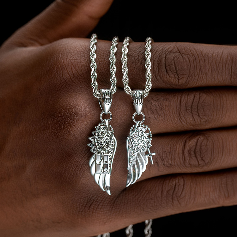 2pcs Couple Iced Out Angel Wings With Cross Pendant Gold - Image 3