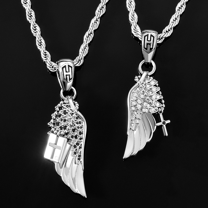 2pcs Couple Iced Out Angel Wings With Cross Pendant Gold - Image 4
