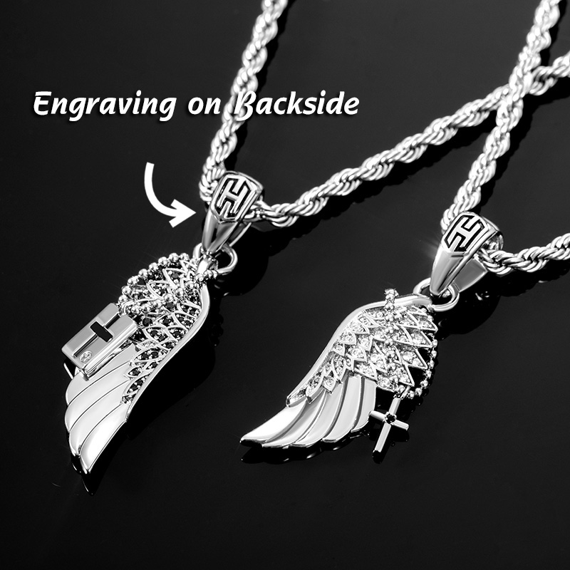2pcs Couple Iced Out Angel Wings With Cross Pendant Gold - Image 5