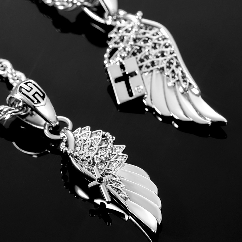 2pcs Couple Iced Out Angel Wings With Cross Pendant Gold