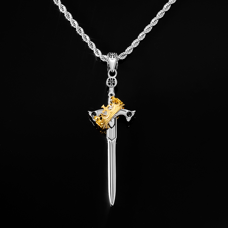 Iced Out Two Tone Crown Sword Pendant Silver With Street Luxury Shine