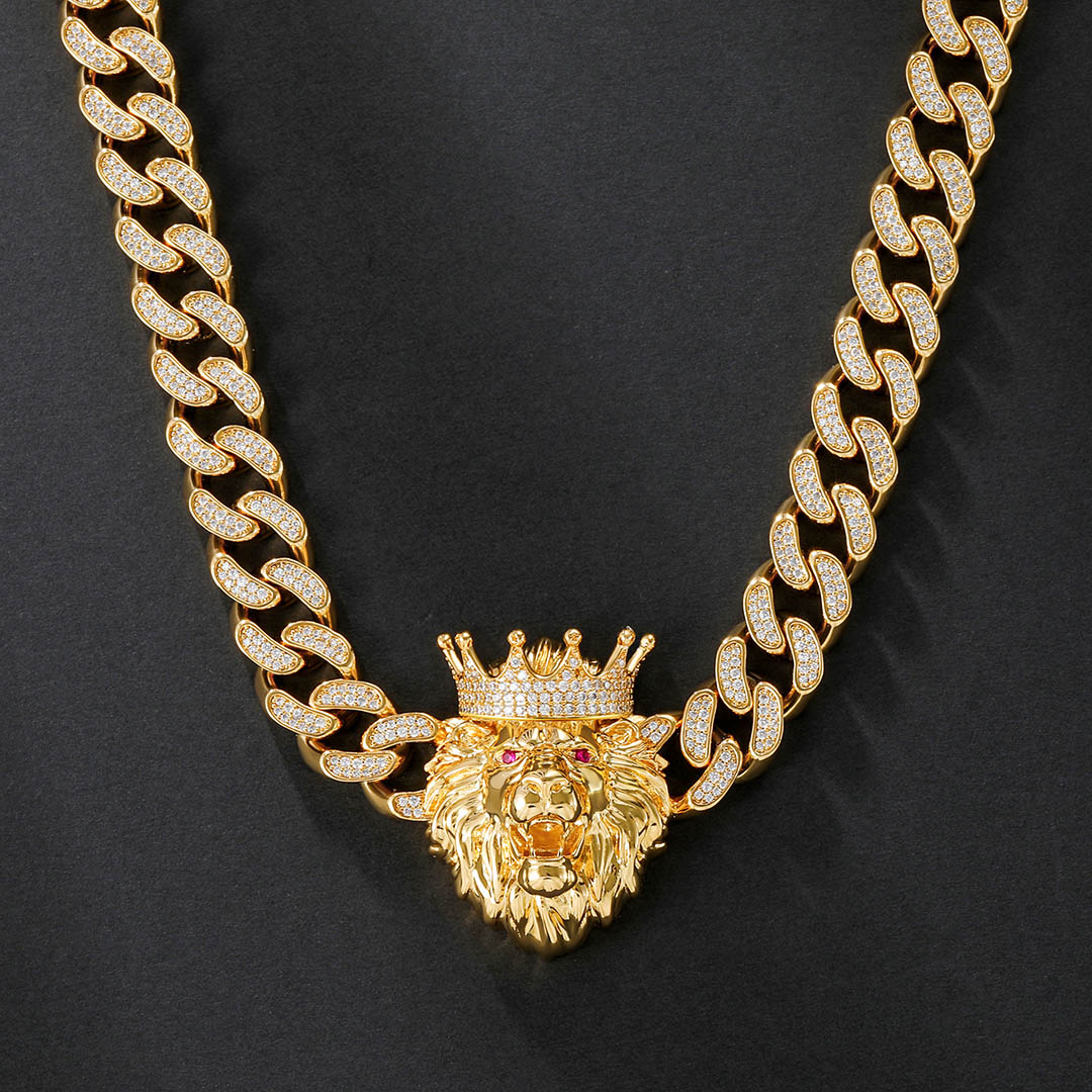 Iced Out Handset King Crown Lion Cuban Necklace In Gold Pendant - Image 3